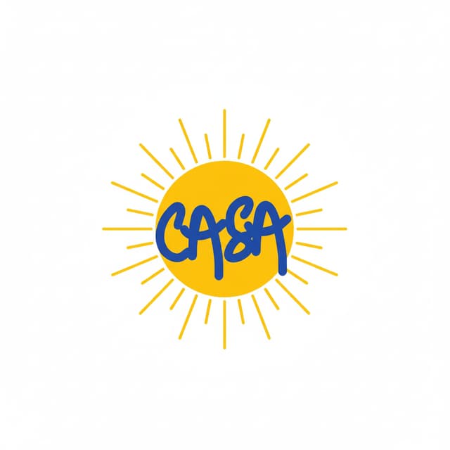 Unir estilos en un logo con un sol con rayos y dentro la palabra casa con es tipografía en azul Klein , fondo blanco imagen general , quitar la imagen de la casa