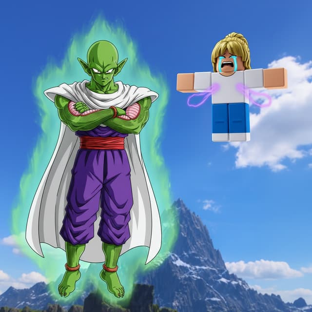 generate me a image of a picollo controling someone and the person is on the sky criying being controlled and the person crying is t-Posing and the avatar of the people is a bacone female and there are up in the sky and picollo is crossing is arm and aura farming and made that picollo have the cape of picollo and grenn skin and all of picollo in dragonball