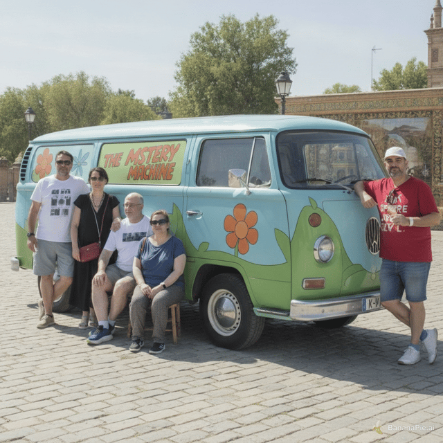 Quiero que selecciones las personas de la foto y las pongas alrededor de la furgoneta de Scooby doo