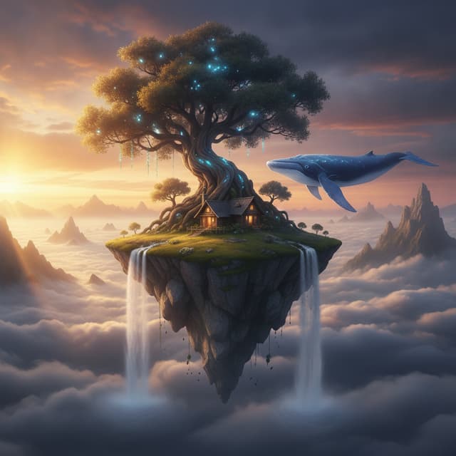 “Un paisaje surrealista al atardecer: una enorme isla flotante sobre un océano de nubes, con una pequeña casa de madera iluminada, un árbol gigantesco creciendo sobre ella y varias cascadas cayendo hacia el vacío. Una enorme ballena azul vuela lentamente por el cielo entre las nubes, mientras montañas flotantes aparecen en la distancia. Luz dorada cinematográfica, atmósfera mágica, gran nivel de detalle, composición épica, profundidad de campo, colores vibrantes, estilo de fantasía realista, iluminación volumétrica, 8K.”