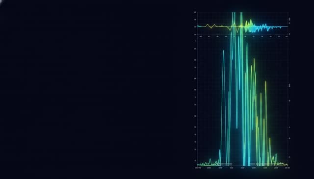 A high-tech digital RF signal waterfall display and spectrogram. Dark navy blue background with vivid, glowing digital signals in neon green, light blue, and yellow colors cascading downwards. Scientific, professional, data analysis concept. Clean aesthetic suitable for an academic presentation background, highly detailed. Space for text on the left side. 16:9 aspect ratio.