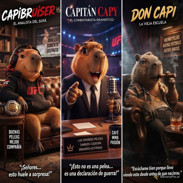 Ultra detailed anthropomorphic capybara mascot, Pixar-inspired 3D character, cinematic animated movie quality, expressive face, large friendly eyes, soft orange-brown fur, rounded cheeks, adorable smile, premium character design, highly detailed realistic fur, stylized realism.
 
The capybara is a charismatic MMA and UFC commentator. He wears a black UFC hoodie with red details, professional gaming headset with microphone, sitting comfortably in a cozy streaming studio. Warm orange and blue cinematic lighting, depth of field, bokeh lights, ultra realistic textures, dramatic shadows, highly detailed whiskers and fur strands.
 
Professional YouTube mascot design, friendly and trustworthy personality, funny and charismatic, confident sports analyst. High-end 3D render, Unreal Engine quality, Pixar style, Disney-inspired 3D animation style, volumetric lighting, global illumination, masterpiece, ultra sharp focus, vibrant colors, movie poster quality.
 
Background: UFC-themed streaming room, championship belt on display, desk microphone, soft ambient lights, gaming setup, cinematic atmosphere.
 
Expression: slightly amused, intelligent, confident, relaxed commentator.
 
No text, no watermark, no logo, no extra animals, no distorted face, no extra limbs, no blurry details.