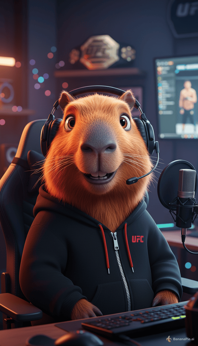 Ultra detailed anthropomorphic capybara mascot, Pixar-inspired 3D character, cinematic animated movie quality, expressive face, large friendly eyes, soft orange-brown fur, rounded cheeks, adorable smile, premium character design, highly detailed realistic fur, stylized realism.
 
The capybara is a charismatic MMA and UFC commentator. He wears a black UFC hoodie with red details, professional gaming headset with microphone, sitting comfortably in a cozy streaming studio. Warm orange and blue cinematic lighting, depth of field, bokeh lights, ultra realistic textures, dramatic shadows, highly detailed whiskers and fur strands.
 
Professional YouTube mascot design, friendly and trustworthy personality, funny and charismatic, confident sports analyst. High-end 3D render, Unreal Engine quality, Pixar style, Disney-inspired 3D animation style, volumetric lighting, global illumination, masterpiece, ultra sharp focus, vibrant colors, movie poster quality.
 
Background: UFC-themed streaming room, championship belt on display, desk microphone, soft ambient lights, gaming setup, cinematic atmosphere.
 
Expression: slightly amused, intelligent, confident, relaxed commentator.
 
No text, no watermark, no logo, no extra animals, no distorted face, no extra limbs, no blurry details.