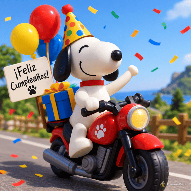 genera una imagen de un play mobil en una moto que está feliz porque es su cumpleaños. si además se parece a snoopy, mejor todavía.