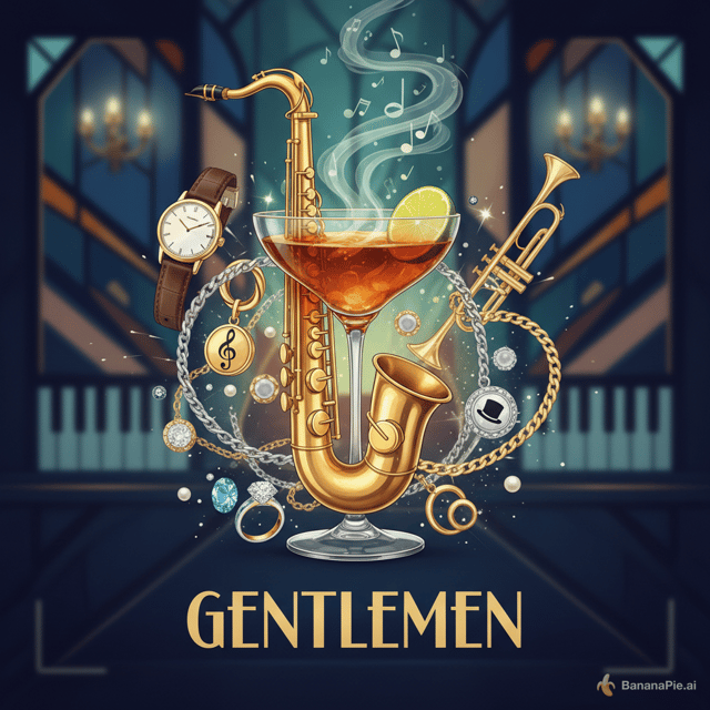 HAZME una portada par auna cancion que sea tipo estetica jazz en el centro predominando una copa de cubtata o lo que sea como con forma de saxofon. y alrededor pon distintas joyas como relojes cadenas etc con titulo gentlemen abajo