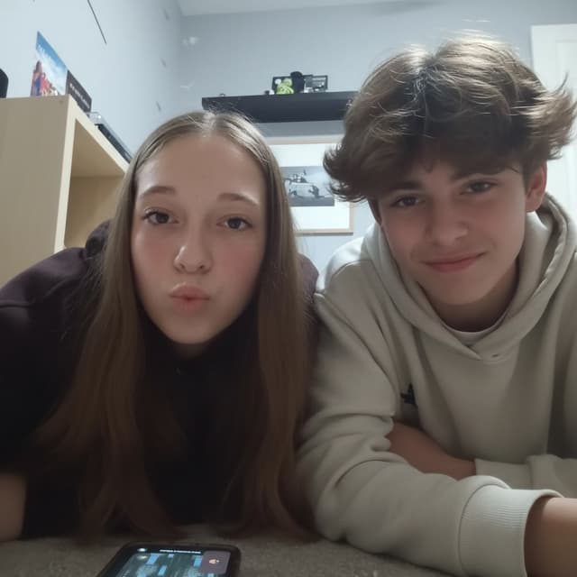 Next to me add a realistic 14 year old boy who has the style of this generation with fluffy hair and brunnette
