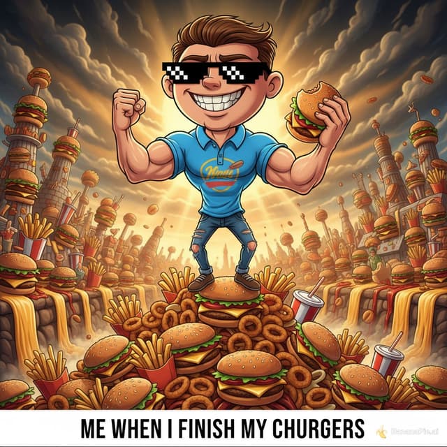 Ultra-meme-style fictional character named Grayson, absurd cartoon proportions, standing triumphantly atop a mountain of burgers and chips, dramatic golden sunlight breaking through the clouds, low-poly sunglasses, exaggerated smug grin, internet meme energy, vibrant colours, chaotic fast-food kingdom in the background, cinematic lighting, ultra-detailed digital illustration, reaction-image format, legendary final-boss aura, humorous and family-friendly, wide-angle perspective, viral meme aesthetic, masterpiece quality.