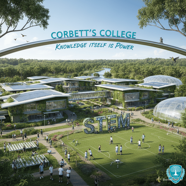 corbett's college is a school for grades 1-12, its the number one school for both academic and sport excellence in queensland, specialising in stem programs, an extremely eco-friendly school, the motto is 'knowledge itself is power', signature colours green, turquoise, blue, white. create a website homepage for corbett's college - including a principles address, enrollment button, navigation menu, and upcoming events and contact info