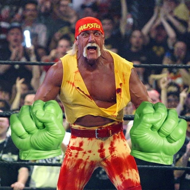 use the first image of hulk hogan as the basis for a new image and modify it using the blue character and the green foam hulk gloves from the second image