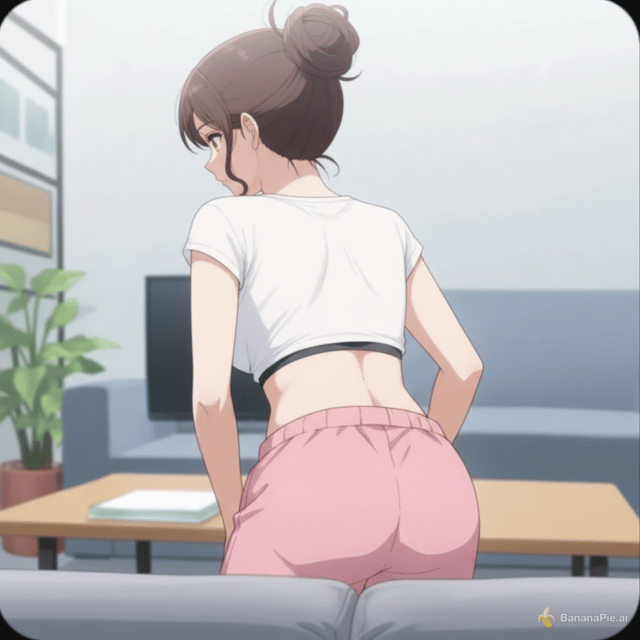 Do not change a thing about this image. Do not change anything about this image. Not the art style, character, or background, especially not her position. The only things I want you to do are to make this a full body image, give her pink sweatpants, and have her bending down as she sits down on a couch, back facing camera. Keep the shirt as a white crop top. Have the cushions visible on only the bottom of the screen.