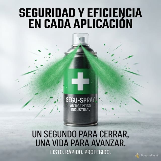 ANUNCIO PUBLICITARIO (Texto y Composición)
TÍTULO (grande, arriba):
SEGURIDAD Y EFICIENCIA EN CADA APLICACIÓN

VISUAL PRINCIPAL (centro):

Un bote de metal de color oscuro (o metalizado).
En el frente: etiqueta verde con una cruz blanca centrada.
Arriba: spray/boquilla clara.
Encima del spray: tapa de plástico.
A la altura de salida: chorro de spray verde hacia adelante (estilo “niebla” o “abanico” de rociado).
ACENTO VISUAL (derecha o alrededor del bote):

Pequeñas líneas de movimiento o partículas verdes para reforzar la idea de “actividad” y “avance”.
CALCOMANÍA / MENSAJE (parte inferior, grande):
un segundo para cerrar, una vida para avanzar

LLAMADO A LA ACCIÓN (abajo, en menor tamaño):
Listo. Rápido. Protegido.

Versión corta del texto (por si lo quieres en etiqueta o banner)
un segundo para cerrar, una vida para avanzar

Estilo sugerido
Colores: Verde intenso (spray + etiqueta) / Blanco (cruz + texto) / Metal gris (cuerpo).
Tipografía: estilo “industrial/seguridad” (negrita, alta legibilidad).
Fondo: claro (blanco o gris suave) para que el verde destaque.