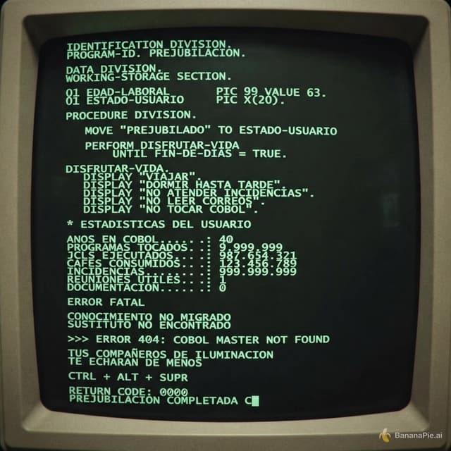 tengo un compañero de informatica que es el jefe de programacion en cobol que se prejubila con 63 años.
me gustaria que generes un video corto de 20-30 segundos, donde se simule escribir codigo en un terminal unix con tipo de letra habitual de terminal y en color verde tipo fosforo verde y donde se simule el sonido de teclear y pitidos tipicos de equipos informaticos antiguos y que contenga aproximadamente el codigo que te pego a continuacion . Si pudieras tambien enmarcar ese video como si estuvieramos viendo un viejo monitor, mejor.

IDENTIFICATION DIVISION.
PROGRAM-ID. PREJUBILACION.

DATA DIVISION.
WORKING-STORAGE SECTION.

01 EDAD-LABORAL        PIC 99 VALUE 63.
01 ESTADO-USUARIO      PIC X(20).

PROCEDURE DIVISION.

    MOVE "PREJUBILADO" TO ESTADO-USUARIO

    PERFORM DISFRUTAR-VIDA
        UNTIL FIN-DE-DIAS = TRUE.

DISFRUTAR-VIDA.
    DISPLAY "VIAJAR".
    DISPLAY "DORMIR HASTA TARDE".
    DISPLAY "NO ATENDER INCIDENCIAS".
    DISPLAY "NO LEER CORREOS".
    DISPLAY "NO TOCAR COBOL".

▋

* ESTADISTICAS DEL USUARIO

ANOS EN COBOL.......: 40
PROGRAMAS TOCADOS...: 9.999.999
JCLS EJECUTADOS.....: 987.654.321
CAFES CONSUMIDOS....: 123.456.789
INCIDENCIAS.........: 999.999.999
REUNIONES UTILES....: 1
DOCUMENTACION.......: 0

ERROR FATAL

CONOCIMIENTO NO MIGRADO
SUSTITUTO NO ENCONTRADO

>>> ERROR 404: COBOL MASTER NOT FOUND

TUS COMPAÑEROS DE ILUMINACION
TE ECHARAN DE MENOS

CTRL + ALT + SUPR

RETURN CODE: 0000
PREJUBILACION COMPLETADA C