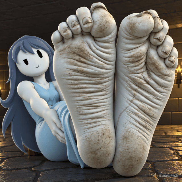 Transform this illustration into a 3D render made in Blender, and editing the character's feet shown on-screen with deep wrinkly detail with subtle dirt stain across the soles. 

Avoid any pinkish skin colour or fungus.

The character's appearance is still reminiscent of 2D, especially her face.

Another difference in her appearance is modifying the size/scale of her feet, making them abnormally gigantic and longer in shape. And hygiene dirt is seen underneath the tips of her toenails.