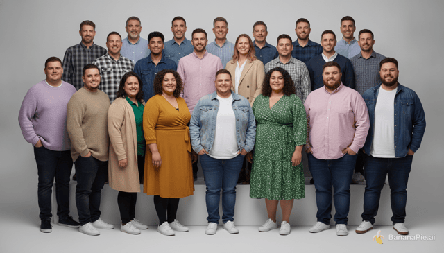 PLEASE READ AND EXECUTE ACCORDING TO PROPT. Make this picture a professional studio group portrait reduced to 20 adults standing in three staggered rows on a seamless light-grey background: 7 in the back row, 5 in the middle row, 8 in the front row. Even split of women and men, ages 20 to 65, clearly diverse in ethnicity (Nordic, Black, Latino, South Asian, mixed heritage, East Asian) and hair color, a few with glasses or beards, two with grey hair. Every person has a very large body with significant obesity: full faces with soft jawlines, thick necks, broad shoulders, wide torsos, large arms and hips, with clothing fitting snugly across the body. Body sizes vary realistically from person to person, but everyone is clearly heavy, none average or slim. Casual smart clothing in muted autumn tones: lilac knit sweater, mustard wrap dress, forest-green floral dress, denim jacket, beige trench, pink button-up, plaid shirt, cardigans, dark jeans, white sneakers. Poses are natural: some with hands in pockets, some with arms by their sides, some standing close with shoulders touching. About 16 look at the camera with warm, relaxed smiles; 4 look slightly off-camera or at each other, laughing. Full bodies visible head to toe in the front row. Soft diffused studio lighting, photorealistic, sharp focus, 85mm lens, wide 3:2 composition, dignified and warm, commercial editorial photography style. Note that the objective is for the group as a whole to loose a metric ton of weight. This means that every single body must carrie a minimum of 50 kilos overweight.