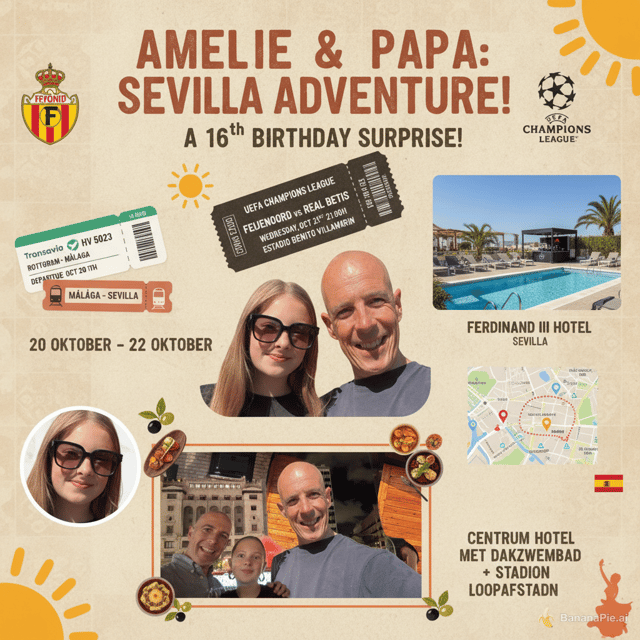 ik wil een one-pager maken voor mijn dochter Amelie Liber met daarin informatie over een reisje wat ik samen met haar ga maken (een cadeau voor haar 16e verjaardag). We gaan een champions league wedstrijd zien van het door haar geliefde Feyenoord tegen Real Betis. De 2 tickets voor deze wedstrijd in Sevilla, de vluchten (Transavia vlucht HV 5023 Rotterdam - Malaga), we gaan dinsdag t/m donderdag en de champions league wedstrijd is op woensdagavond om 21u, dus we hebben lekker tijd samen om van Sevilla te genieten. We slapen in het Ferdinand III hotel in Sevilla, mooi gelegen midden in het centrum, met zwembad op het dakterras en op wandelafstand van het voetbalstadion. We zullen met de snelle trein van Malaga naar Sevilla reizen. Maak gebruik van een zonnige opzet, de logo's van Feyenoord en de champions league kaartjes, vliegtickets Transavia, leuk image van het hotel, stadskaartje en Spaanse elementen (zon, tapas, ligbedje en dj op dakterras). Onze reisdata zijn 20 t/m 22 oktober. Doe er een Spaanse vlag bij. Voeg ook de foto bij van Karin, Amelie en ikzelf van vorig jaar in Valencia en wellicht ook de bijgevoegde foto van Amelie met zonnebril