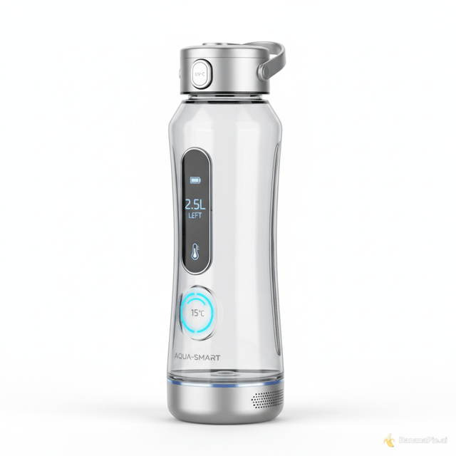 cria uma imagem para um trabalho de estudo de mercado sobre uma Garrafa de Água Reutilizável Inteligente de plastico  com um fundo ,branco