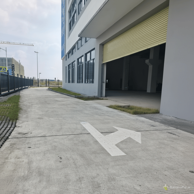 在水泥地居中位置帮我加上直行右转的箭头，箭头类型是市政道路的那种白色道路指示箭头，要求透视关系正确，箭头逼真像画在地面一样