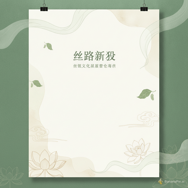极简国风丝路文化海报,线条插画风格,柔和淡水彩质感,主色调为米白、茶绿、暖米色。画面有轻盈飘动的丝绸飘带、桑叶、简约莲花纹样,淡淡的敦煌云纹元素,大量留白,干净高级的版式,柔和朦胧光影,诗意安静氛围。画面排版包含标题「丝路新叙」,副标题「丝绸文化展览概念海报」,雅致中文宋体,文字层级清晰。 --ar 3:4 --style raw