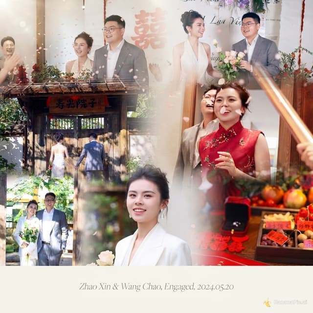 竖版9:16朋友圈订婚海报，将多张真人订婚照片融合合成在一张画面里，多图拼接但过渡自然柔和，不是生硬拼图。高级氛围感纪实婚纱摄影风，温柔暖调柔光，干净低饱和配色，画面主体是一对年轻情侣，保留人物真实样貌，面部清晰不失真。画面构图层次丰富，简约精致，点缀淡淡的光影光斑、细碎花瓣元素，不抢人物主体。底部预留少量空白区域，可以放置简短订婚文案，画质高清细腻，电影感质感，无畸形人脸，不改变人物五官特征。