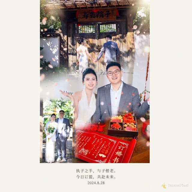 竖版9:16朋友圈订婚海报，将多张真人订婚照片融合合成在一张画面里，多图拼接但过渡自然柔和，不是生硬拼图。高级氛围感纪实婚纱摄影风，温柔暖调柔光，干净低饱和配色，画面主体是一对年轻情侣，保留人物真实样貌，面部清晰不失真。画面构图层次丰富，简约精致，点缀淡淡的光影光斑、细碎花瓣元素，不抢人物主体。底部预留少量空白区域，可以放置简短订婚文案，画质高清细腻，电影感质感，无畸形人脸，不改变人物五官特征。