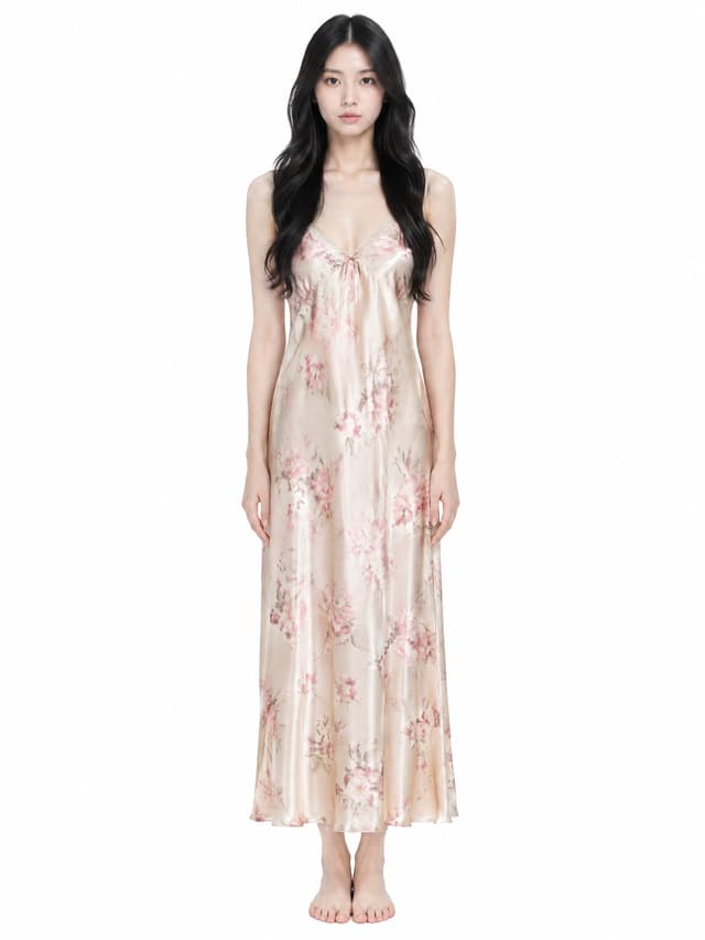 （Positive Prompt）
(masterpiece, best quality, ultra-realistic:1.2), 1girl, East Asian, young woman, long black wavy hair, parted hair, delicate facial features, fair skin, almond eyes, slim body, wearing beige silk nightgown with pink floral pattern, loose fit, neutral expression, blank expression, emotionless, looking straight at viewer, standing straight, A-pose, front view, full body, pure white background, flat studio lighting, no shadow, evenly lit, photorealistic, raw photo, 8k uhd, ultra-detailed, character reference sheet, DSLR, --ar 3:4 --v 6.0 --style raw
（Negative Prompt）
(shadows, harsh lighting, dynamic lighting, dark background, colorful background, detailed background, expression, smile, sad, angry, open mouth, tilted head, asymmetrical, bad anatomy, deformed, blurry, low resolution, plastic skin, 3d render, cartoon, illustration:1.2)