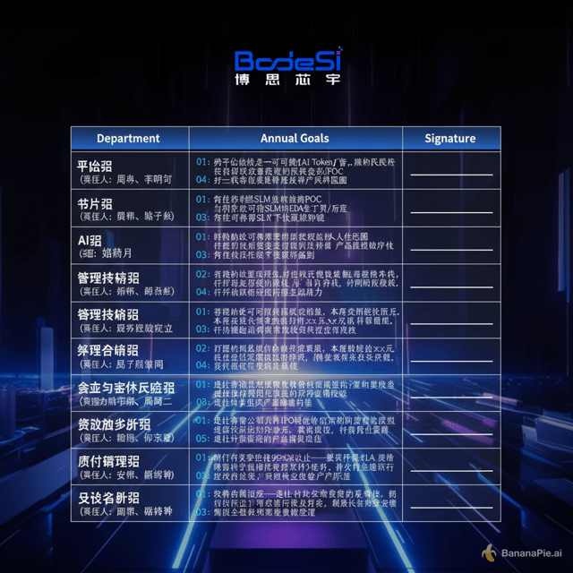生成图片：请以这张图片作为主 K，帮我生成一张竖版的海报，海报内容是表格形式，分为三竖列，每列的表头文字内容：Department Annual Goals Signature；具体文字内容如下：Department：
平台组（责任人：周博、李明奇） 
Annual Goals：
01：将平台打造成一个可衡量AI Token工厂的成本、功耗和风险的治理平台
02：使平台完成万卡集群纳管
03：实现快速、高效、高质量的平台交付和POC
04：打造一支可支撑业务稳定发展、产品高质量交付的产品研发团队

Department：
芯片组（责任人：杨玉鑫）
Annual Goals： 
01：完成芯片级SLM解决方案POC
02：自研完成可配套SLM的EDA工具/流程
03：完成可支撑SLM的下一次流片规划

Department：
AI组（责任人：黄薪月） 
Annual Goals：
01：构建完成故障预测、离线评估、芯片生命周期链路追踪的数据基座体系
02：完成压测巡检评测体系的构建和产品化
03：构建完成在线实时故障预测模型

Department：
管理支持组（责任人：马永宁）
Annual Goals：
01：按时交付可支撑公司战略落地的人才团队
02：持续优化员工体验，打造团结高效的组织氛围，提升组织凝聚力与向心力，支撑团队高绩效表现
03：持续优化公司运营管理（组织结构、激励体系、福利体系、分工与授权、业务流程等），提升协同效率与雇主品牌力

Department：
财经合规组（责任人：郭子用）
Annual Goals：
01：支撑推动公司完成年度股权融资目标，本年度达成投前估值xx亿元，累计获得股权投资xx亿元。
02：拓展银行及其他金融机构融资资源，本年度累计完成银行授信xx亿元并持续优化完善资本市场工作机制。
03：本年内建成完善可溯源的财务管理系统，持续优化财务可视化，业财一体化
04：与法务联动，完善并持续优化内控制度系统

Department：
销售与客户关系组（责任人：范丹）
Annual Goals： 
01：完成年度规划业绩目标
02：完成庆阳地区1个战略客户合作达成
03：完成首都在线客户强绑定目标
04：完成年度规划业绩目标
05：完成1个战略客户合作达成

Department：
解决方案组（责任人：何元元） 
Annual Goals：
01：建立支撑公司IPO和使命愿景的商业体系和商业模式
02：建立重点项目推进与方案管控机制，提升项目推进确定性
03：建立客户成功与产品反馈闭环，推动长期经营和产品迭代

Department：
项目管理组（责任人：郭宇春）
Annual Goals： 
01：打造并落地项目全生命周期管理制度，保障核心业务流程闭环
02：强化项目成本管控与财务风控，确保项目成本独立可追溯
03：打造合规、安全、高效的公司整体供应链战略管理体系

Department：
交付与售后组（责任人：姜兴群）
Annual Goals： 
01：项目交付成功率98%以上——确保项目全量按期、按质、按预算完成交付
02：智算中心运维SLA达标——保障基础设施7×24小时稳定运行，支撑客户业务连续性
03：客户满意度——建立以客户为中心的服务体系，实现客户全生命周期价值管理

所有的Signature处都空白不填写