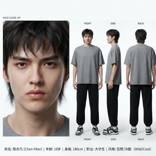 生成一名中国19岁大学生男性角色设计图 身高180cm，体重140斤，身材精壯，骨相立体，皮肤贴合度高，窄脸，脸部轮廓清晰，鼻梁笔直，眉压眼，眼长长，大眼睛大，眼窝较深，嘴唇偏宽厚，下颚清晰，整体狂野风格有模特感看上去冷酷。，短发黑发齐刘海碎盖留点狼尾。身材穿衣显瘦、自然肌肉线条，精壮型自然体态，不夸张壮硕。干净白皮，肤质细腻，皮肤有微微瑕疵但不影响帅气 穿灰色宽松短袖黑色休闲宽松卫裤和休闲鞋，站姿挺拔手上没有任何东西。16:9横版角色设定图，左侧为超近距离面部肖像特写，展示五官、发型、皮肤质感；右侧为完整人物三视图展示（正面、侧面、背面），服装细节清晰，人体比例准确。保持人物身份一致，三个视角为同一个角色，真人写实风格。纯白色干净背景，商业角色设计稿风格，服装展示板布局，高级时装摄影感，均匀柔光，无杂乱元素。