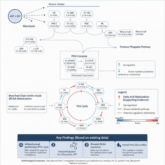 A high-resolution, professional scientific molecular mechanism pathway diagram for an academic publication, strictly rendered in a clean, modern vector illustration style using Times New Roman font throughout. The entire diagram uses full English text and precise standard academic abbreviations. The layout is optimized to match the complex interconnections of the provided source image.

### Overall Structure:
- The top-left corner features the drug treatment icon labeled "ART + ERY" with multi-directional regulatory arrows (solid and dashed) pointing to key metabolic pathways.
- The top section depicts "Glucose Uptake" on a cellular membrane, initiating the "Glycolysis" flow through standardized nodes like HK (Hexokinase), PFK-1 (Phosphofructokinase-1), PGK (Phosphoglycerate kinase), PK (Pyruvate kinase), leading to "Pyruvate" and branching to the "Pentose Phosphate Pathway" (marked G6PD and Ribose-5-ph) and "Lactate" (with LDH).
- The central feature is a detailed, dash-outlined "PDH Complex" box with E1 (PDHA), E2 (KDXV76), and E3 (LpdA) subunits, including the annotations "Restrained, Decreased" for the LpdA data box.
- The lower-center depicts a detailed circular "TCA Cycle" containing Acetyl-CoA, CS (Citrate synthase), IDH (Isocitrate dehydrogenase), alpha-KGDH, SCS (Succinyl-CoA synthetase), SDH (Succinate dehydrogenase), and MDH (Malate dehydrogenase), all with associated differential expression arrows.
- On the left side, there is a distinct box for "Branched-Chain Amino Acid (BCAA) Metabolism" (showing Ketolouvine and 3-Methyl-2-oxovaleric acid).
- On the right side, there is a box for "Fatty Acid Metabolism (Supporting Evidence)" (showing Pentadecane and 2,6,10-Trimethyl-dodecane).

### Data Rendering:
- All key protein and metabolite nodes are enclosed in clean vector boxes showing precise, legible text: the node abbreviation, Fold Change (FC) value, P-value, and Q-value, preserving all numerical data from the original image (e.g., Pyruvate FC=3.763).

### Legend and Scale:
- On the far right, there is a structured "Legend" box with standard icons for up-regulation (red arrow), down-regulation (blue arrow), known metabolic pathway (solid line), and potential regulatory relationship (dashed line).
- Below the legend, a horizontal "Log2(FC)" color scale bar ranges from -0.3 (blue, Down) to +2.0 (red, Up).

### Findings Banner:
- At the very bottom, a styled dark blue footer banner is titled "Key Findings (Based on existing data)" and is divided into four numbered, icon-labeled summary cards, preserving all descriptive text from image_4.png.
- Below the banner, a small methodological footnote is clearly visible.

### Design Requirements:
- The color palette is a professional medical aesthetic (soft blue, grey, white) with distinct red and blue highlighting for up- and down-regulated data boxes and arrows. All connections must be vector-sharp and aligned, with absolutely no Chinese characters and perfect Times New Roman typography.