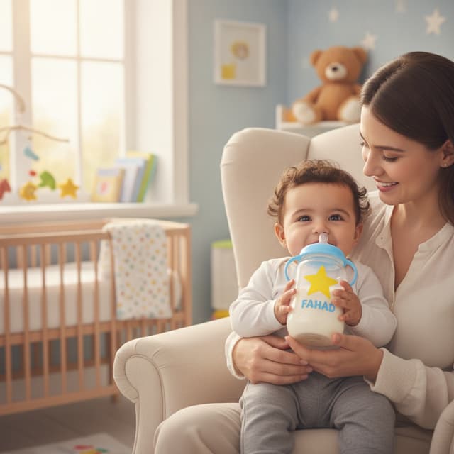 ACT 1: FAHAD'S FLYING BOTTLE (00:00–03:30)
Scene 1: Baby Fahad Grows Up (00:00–01:00)
The film opens inside Fahad's beautiful nursery.
Baby Fahad drinks milk from his special transparent bottle with a sky-blue cap and a bright yellow star. His name, FAHAD, is printed beneath the star.
His mother gently holds him.
MOM: "Good morning, my sweet Fahad!"
NARRATOR: "Once upon a time, there was a little boy named Fahad."
"He loved his mommy, his toys, and his teddy bear."
"But there was one thing he loved most of all…"
"His little blue baby bottle!"
A magical time-lapse shows Fahad growing from a baby into a two-year-old toddler. He learns to sit, crawl, stand, and walk. Then he begins running and playing.
MOM: "Look at you, Fahad! You're getting so big!"
FAHAD: "I'm big, Mommy!"
Scene 2: The Second Birthday (01:00–02:05)
A beautiful birthday party takes place in Fahad's garden. There are colorful balloons, presents, and a cake with two candles.
EVERYONE: "Happy birthday, Fahad!"
FAHAD: "Yay! I'm two!"
After the celebration, Mom brings Fahad a beautiful blue balloon.
MOM: "Fahad, now that you're two, you can start drinking from your special big-boy cup."
She shows him a blue cup decorated with a little car.
FAHAD: "Wow! My cup!"
MOM: "And we have a special tradition in our magical city."
FAHAD: "What, Mommy?"
MOM: "We can send your baby bottle on an exciting balloon adventure to the zoo!"
FAHAD: "To the zoo?"
MOM: "Yes! Maybe a little baby animal will need it!"
Mom helps Fahad attach his bottle to the balloon. He releases it.
FAHAD: "Bye-bye, bottle!"
"Fly, fly, fly!"
The balloon rises into the sky.