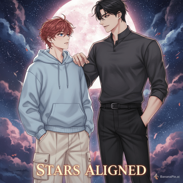 two males one shorter with bright messy auburn hair and blue eyes wearing cargo pants and a oversized shirt the other a taller more muscular man with black hair and black eyes wearing formal dress-pants a formal t-shirt, must be in a anime style drawing. Full colour.