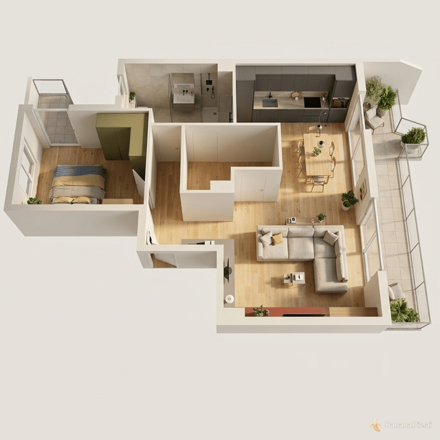 la mia immagine è un appartamento che devo ristrutturare ambiente minimal, con pavimento in parquet rovere naturale. L'immagine è l'idea finale avrei bisogno di un immagine 3D