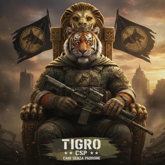 Cinematic poster in the style of Call of Duty / Warzone key art, ultra-detailed, dramatic lighting. A fierce anthropomorphic tiger warrior (original character, realistic orange fur with black stripes, intense amber eyes, scarred muzzle, slight confident smirk) sits on a golden lion-carved throne wearing a worn gold crown. He wears a muddy digital camouflage tactical uniform with plate carrier, tactical gloves, a hooded camo cape, and a patch on the sleeve. A tactical rifle rests across his lap. Behind him, torn black battle banners with golden emblems wave in a smoky post-apocalyptic city under a stormy sunset sky. Gold and olive-black color palette, gritty texture, volumetric light, shallow depth of field, hyper-realistic, 8k, vertical 2:3 poster.
Bottom text on a distressed camo brush-stroke banner, white stencil letters: "TIGRO" and underneath "CSP" between two stars. Small subtitle: "CANI SENZA PADRONE".
Emblem/logo (use as reference image): a snarling black-and-tan Doberman with spiked collar breaking a steel chain, inside a worn tan circle, with "CSP" in rough brush lettering, reproduced on the chest medallion and the banners.