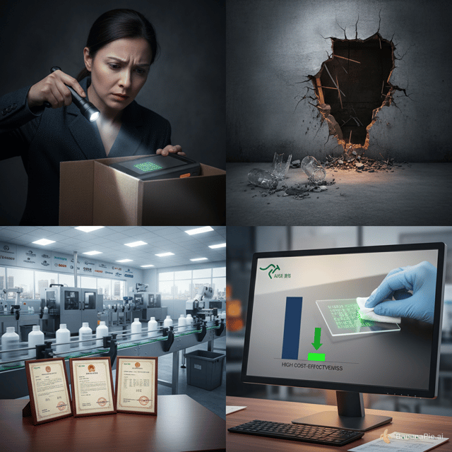 {
  "storyboard_prompts": [
    {
      "frame": 1,
      "stage": "极速吸睛",
      "prompt": "Commercial photography style, high resolution, close-up shot of a quality inspector looking confused while examining product packaging with a standard flashlight, high contrast, tense atmosphere, dramatic lighting, 8k, photorealistic"
    },
    {
      "frame": 2,
      "stage": "极速吸睛",
      "prompt": "Commercial photography style, high resolution, medium shot with dynamic motion blur, showing various damaged product bottles and destroyed inner walls, dark and serious industrial aesthetic, high contrast, 8k"
    },
    {
      "frame": 3,
      "stage": "极速吸睛",
      "prompt": "Commercial photography style, high resolution, extreme close-up with cool glowing light transition, a specialized PDA device scanning a blank surface to reveal a glowing hidden anti-counterfeiting code, futuristic tech vibe, stunning, 8k"
    },
    {
      "frame": 4,
      "stage": "高效种草",
      "prompt": "Commercial photography style, high resolution, medium shot of an industrial small-character inkjet printer smoothly printing invisible codes on a production line, clean factory background, professional, bright and crisp lighting, 8k"
    },
    {
      "frame": 5,
      "stage": "高效种草",
      "prompt": "Commercial photography style, high resolution, macro shot in a laboratory, strong alcohol and chemical solvents wiping a coded surface, the invisible ink code remains completely intact, rigorous quality testing, pristine lighting, 8k"
    },
    {
      "frame": 6,
      "stage": "高效种草",
      "prompt": "Commercial photography style, high resolution, wide-angle motion view of a smart industrial conveyor belt automation line with feeding, coding, scanning, and defect rejection, high-tech clean environment, 8k"
    },
    {
      "frame": 7,
      "stage": "强力促单",
      "prompt": "Commercial photography style, high resolution, medium shot of national high-tech enterprise certificates, patent documents, and a blurred background of major brand logo walls, trustworthy, professional lighting, 8k"
    },
    {
      "frame": 8,
      "stage": "强力促单",
      "prompt": "Commercial photography style, high resolution, close-up of a cost-comparison data chart on a sleek monitor, highlighting factory-direct pricing and high cost-effectiveness, warm and persuasive lighting, 8k"
    }
  ]
}