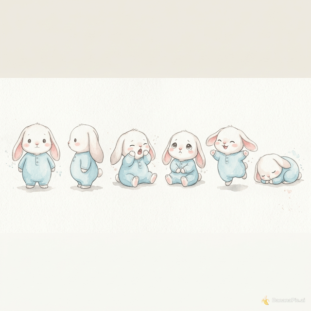 Create a character reference sheet for a baby rabbit named Boreum, in a soft watercolor children's picture book style. Boreum has soft white fur, long floppy ears with pink inner ears, a round chubby body, big gentle round eyes, and wears light blue pajamas. Show multiple poses on one sheet: front view, side view, yawning, sad with a tiny pout, smiling, and sleeping. Gentle pastel colors, visible paper texture, round friendly shapes, plain white background, no text, no letters, no labels. Wide 16:9 layout.