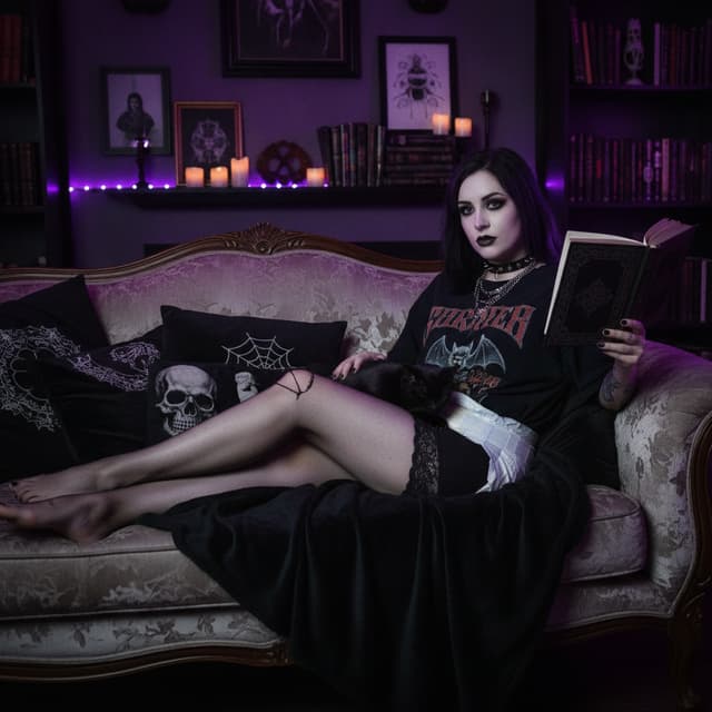 Pretty goth girl (21 years old) at home on the couch. She wears no pants except for a thick diaper