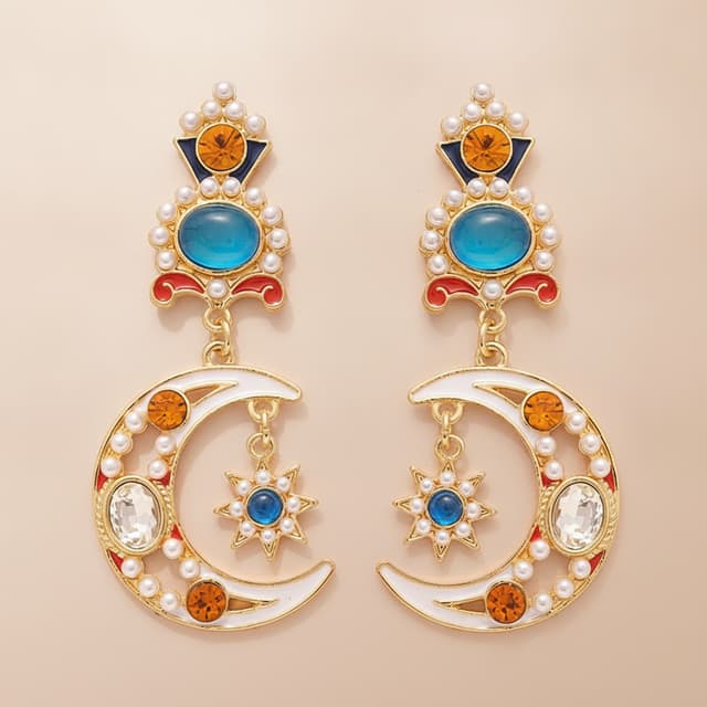 PRODUCT REFERENCE AND ACCURACY — HIGHEST PRIORITY

Use the uploaded product image as the authoritative reference for the exact earrings. Reproduce the original design faithfully. Do not redesign, simplify, beautify, or invent product details.

Preserve all original features: gold-tone metalwork, blue oval centerpiece, amber-colored decorative stones, navy and red enamel accents, small white faux pearls, white enamel crescent moon, and the dangling eight-pointed star charm with a blue center.

Maintain the original silhouette, proportions, colors, placement of every decorative element, pearl arrangement, and connecting components.

MATERIAL ACCURACY:
The colored decorative stones are synthetic stones of currently unspecified composition. Do not identify them as natural gemstones, diamonds, precious crystals, glass, resin, or any specific mineral without verified material information. Describe their colors and decorative appearance instead.

The pair weighs approximately 27 g in total. Do not represent 27 g as the weight of one earring. Do not describe the earrings as lightweight or guarantee all-day comfort.

Only mention S925 sterling silver posts if the post material has been independently substantiated by reliable supplier documentation or testing. Do not make unsupported hypoallergenic, medical, or skin-safety claims.

VISUAL SYSTEM:
Premium French vintage court-inspired jewelry editorial. Warm ivory and champagne beige backgrounds, restrained antique-gold accents, subtle navy details, realistic materials, soft directional lighting, refined serif headlines paired with clean sans-serif supporting text.

FORMAT:
Square 1:1 composition. Keep the complete product visible and proportionally accurate. Reserve uncluttered negative space for post-production text. Use consistent colors, typography, spacing, and thin gold graphic lines throughout the image series.

Do not generate certifications, material badges, promotional claims, fake logos, watermarks, or unverified product features.

Now you help me : 

Create a square 1:1 premium e-commerce product image featuring the exact reference earrings. Display the complete pair in a balanced, front-facing composition against a warm ivory background with subtle champagne-gold accents.

Make the earrings large and immediately recognizable. Show the entire upper ornament, blue centerpiece, faux pearl details, white crescent moon, and dangling star charm. Use realistic gold-tone reflections, soft contact shadows, and clean luxury product photography.

Reserve a clear area above or beside the earrings for the headline "Celestial Elegance" and the supporting line "Vintage-Inspired Moon & Star Design".

Keep the composition elegant, uncluttered, and easy to understand on a mobile screen. No extra ornaments, no redesigned product, no unsupported material claims. Generate the image without text for later typesetting.
