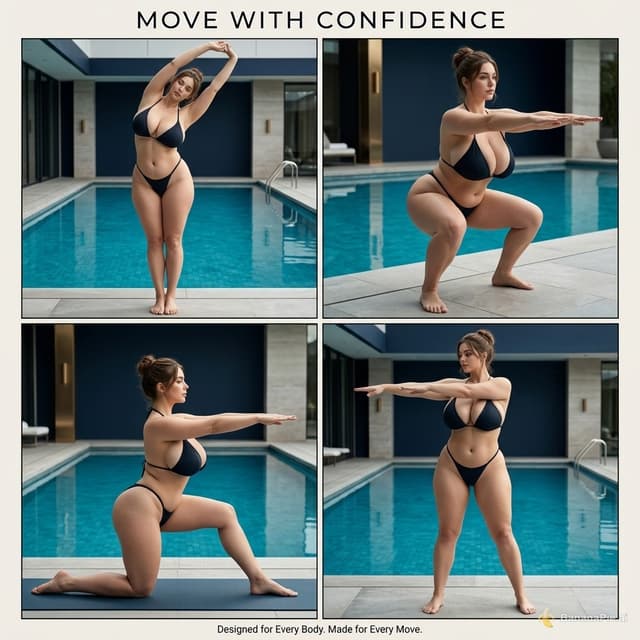 Premium Swimwear Brand — Swimming Promotion Campaign
Photorealistic Four-Panel Editorial Advertising Poster | Vertical 4:5 Aspect Ratio
Main Prompt
Create a premium, photorealistic, four-panel comic-style advertising poster for a prestigious international swimwear brand promoting swimming, aquatic fitness, flexibility, body confidence, physical wellness, and inclusive swimwear engineering.
The final artwork must resemble a high-end international swimwear campaign photographed by a professional fashion and sports photography team. Combine realistic human anatomy, authentic fabric textures, sophisticated lighting, dynamic athletic poses, and luxury commercial art direction.
1. Reference Image and Character Identity Preservation
Use the uploaded reference artwork as the primary visual reference for the adult female model.
* Preserve the original facial identity, facial structure, eye shape, nose, lips, jawline, hairstyle, and distinctive facial characteristics as faithfully as possible.
* Maintain the original character’s recognizable appearance throughout all four panels.
* Preserve the reference artwork’s overall body proportions and distinctive silhouette without arbitrarily slimming, enlarging, or reshaping the figure.
* Keep the same character, skin tone, hairstyle, and overall visual identity consistent across all four scenes.
* Translate the original artwork into a convincing photorealistic commercial photography aesthetic while retaining the reference character’s defining features.
2. Body Specifications and Silhouette
Depict an adult female swimwear model with the following specified physical characteristics:
* Height: 178 cm
* Weight: 78 kg
* Bust size: UK Q cup
* Body type: Ultra-bust, bear-shaped figure with a naturally full, heavy bust, a substantial torso, soft natural body contours, and a strong, curvy silhouette.
Represent the specified proportions consistently and realistically. Emphasize natural gravity, believable body mass, anatomically plausible posture, and realistic interactions between the body and swimwear fabric.
The exceptionally full bust should be treated as a central garment-engineering consideration rather than an exaggerated or anatomically distorted feature. Ensure that the shoulders, rib cage, waist, hips, limbs, and overall body mass remain proportionate and physically credible.
3. Swimwear Design and Garment Engineering
Dress the model in a premium G-string bikini, featuring a sophisticated, minimalist silhouette appropriate for a luxury swimwear editorial campaign.
The bikini should feature:
* Refined, high-quality stretch swimwear fabric.
* Realistic fabric tension and natural material deformation during movement.
* Carefully engineered bust support suitable for an exceptionally full bust.
* Secure straps, reinforced seams, and anatomically appropriate coverage.
* A coordinated bikini top and bottom with elegant, contemporary styling.
* Realistic construction details that communicate the brand’s expertise in inclusive swimwear design.
Maintain consistent swimwear design, color, fabric, and fit across all four panels. The garment must remain secure and functional throughout every exercise pose, with no accidental exposure or wardrobe malfunction.
4. Four-Panel Composition and Action Sequence
Arrange the poster into four clearly distinguishable panels in a balanced 2-by-2 grid. Each panel must depict the same adult female model performing a different full-body exercise.
Panel 1 — Standing Full-Body Stretch
The model performs a standing overhead stretch beside an elegant swimming pool.
* Feet planted firmly on the ground.
* Arms extended upward in a wide, controlled stretch.
* Torso elongated with a natural spinal alignment.
* Full-body composition with the entire figure visible.
* Emphasize shoulder mobility, balance, and the natural movement of the torso.
Panel 2 — Deep Squat Pose
The model performs a controlled, deep squat as part of an aquatic fitness warm-up.
* Feet positioned at a natural, stable width.
* Knees tracking in alignment with the feet.
* Hips lowered into a deep but anatomically plausible squat.
* Torso balanced with a natural forward inclination.
* Arms extended forward or upward to assist with balance.
* Clearly show the full-body posture, leg engagement, and realistic distribution of body weight.
Panel 3 — Kneeling Stretch
The model performs a graceful kneeling stretch on a clean, non-slip poolside surface.
* Both knees supported comfortably on the ground.
* Torso lengthened with a controlled arch or gentle forward extension.
* Arms reaching overhead or forward to extend the shoulders and upper body.
* Hips and spine positioned in a believable, balanced alignment.
* Capture the complete pose, including the hands, knees, and feet where visible.
Panel 4 — Standing Torso Twist
The model performs a standing torso-twisting mobility exercise beside the pool.
* Feet firmly grounded and hips relatively stable.
* Upper torso rotating through a controlled range of motion.
* Arms extended outward or positioned across the body to emphasize rotational movement.
* Natural spinal alignment without excessive twisting.
* A dynamic yet elegant silhouette that demonstrates flexibility and core mobility.
Across all four panels, prioritize large, expressive, full-body movements rather than static fashion poses. Every pose must be immediately recognizable, physically plausible, and clearly differentiated from the others.
5. Camera Direction and Photographic Realism
Use professional full-body sports-fashion photography techniques.
* Vertical editorial framing optimized for a 4:5 poster.
* Wide enough composition to show the complete body and the full range of motion.
* Natural perspective with realistic anatomical proportions.
* Carefully controlled depth of field.
* Sharp focus on the model and swimwear construction.
* Realistic skin texture, subtle pores, natural highlights, and believable shadows.
* Physically accurate reflections and refractions in the swimming pool.
* High-resolution fabric details, stitching, seams, and elastic edges.
* Sophisticated natural daylight combined with subtle commercial fill lighting.
Avoid extreme close-ups, distorted wide-angle perspectives, cropped limbs, and camera angles that compromise the readability of the exercise poses.
6. Environment and Brand Art Direction
Set the campaign in a luxurious modern swimming facility with clear blue water, elegant poolside architecture, clean stone surfaces, and subtle reflections.
Use a refined color palette inspired by premium aquatic sportswear advertising: deep navy, turquoise, clean white, and restrained metallic accents.
The overall visual language should communicate:
* Swimming promotion and aquatic wellness.
* Functional swimwear innovation.
* Body confidence and inclusive sizing.
* Flexibility, mobility, and active living.
* Premium international fashion-brand quality.
Keep the environment elegant and uncluttered so that the model and her movements remain the primary visual focus.
7. Four-Panel Layout and Graphic Design
Create a polished four-panel advertising poster with a consistent visual identity across all panels.
* Exact overall aspect ratio: 4:5 portrait.
* Two columns and two rows.
* Clear panel separation using fine, understated borders.
* Consistent lighting, color grading, and character continuity.
* Balanced spacing and professional editorial composition.
* Optional short campaign headline: “MOVE WITH CONFIDENCE”.
* Optional supporting tagline: “Designed for Every Body. Made for Every Move.”
Keep typography minimal, legible, and subordinate to the photography. Do not cover the model’s face, body, or exercise movements with text.
8. Anatomical Accuracy and Quality Control
Ensure the final image maintains realistic anatomy and consistent character proportions in all four panels.
Avoid inconsistent facial features, changing body sizes, distorted hands, extra fingers, duplicated limbs, malformed joints, unnatural spinal curvature, floating feet, impossible balance, unrealistic breast deformation, or inconsistent swimwear construction.
The model must have the same recognizable face, body shape, height-to-width proportions, and bikini design in every panel.
The result should look like a genuine premium swimwear brand’s professionally art-directed promotional campaign, combining photorealistic human representation, expressive athletic movement, technically convincing garment design, and refined commercial aesthetics.
Final deliverable: A cohesive, high-resolution, photorealistic four-panel swimwear promotion poster in a vertical 4:5 aspect ratio, featuring one consistent adult female model performing four distinct, large-range mobility exercises in a luxurious swimming-pool environment.