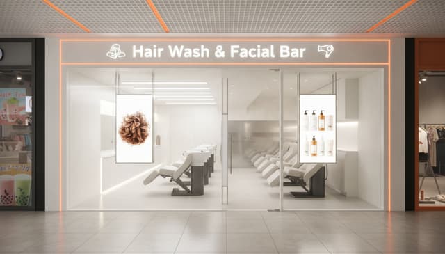 Interior mall storefront design of a hair washing and facial spa salon, white and orange primary color scheme. Moderate storefront width, acrylic illuminated sign reading "Hair Wash & Facial Bar" with small icons of hair washing and a blow dryer. Large clear glass display window, clearly showing bright shampoo chairs and warm white lighting inside. Ultra-thin light boxes inside the window displaying a close-up of fluffy hair and shampoo bottles. Storefront materials: white aluminum grille ceiling with orange acrylic accent lines, mall standard anti-slip floor tiles. Mall indoor corridor perspective, with a milk tea shop and clothing store opposite, natural and everyday life, clean and bright, friendly and approachable, affordable chain store vibe, not luxury, photorealistic, 3D render, high resolution, --ar 3:4