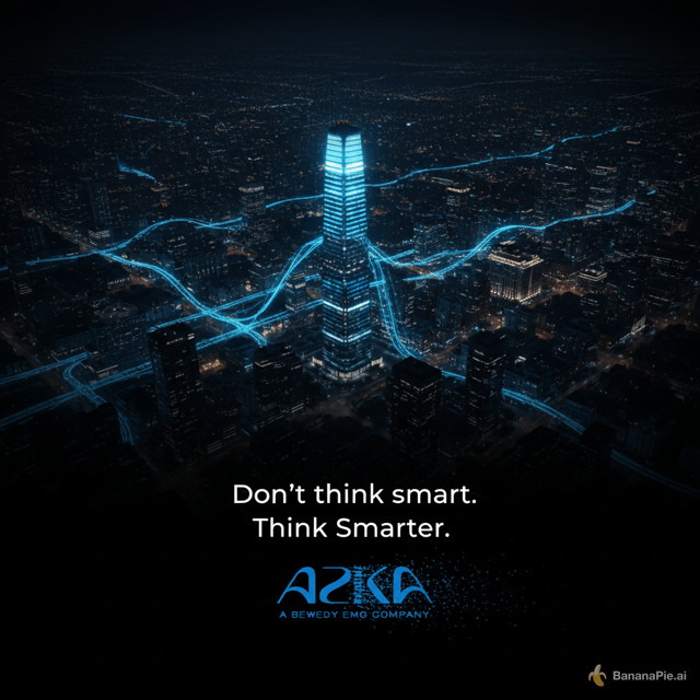 Create a **16–18 second cinematic teaser video for AZKA Technology**, a smart solutions and IoT technology brand. The video should feel premium, futuristic, sleek, and realistic, similar to a high-end technology brand commercial. The concept is that intelligence and connectivity gradually bring an entire city to life.
**VISUAL STYLE**
Photorealistic 3D cinematic rendering, realistic modern architecture, nighttime aerial cinematography, deep navy and black tones, electric blue (#2873B9) and cyan lighting, subtle atmospheric haze, realistic reflections, sophisticated lighting, smooth camera movements, and restrained visual effects. The result should feel intelligent, elegant, and technologically advanced, not like a video game or exaggerated sci-fi animation.
**SCENE 1: A CITY IN DARKNESS | 0–3 SECONDS**
Begin with a wide cinematic aerial shot of a modern city at night. The entire city is almost completely dark, with buildings visible only as subtle silhouettes. The atmosphere is mysterious and quiet.
Suddenly, a single prominent modern building illuminates from within. Cool blue light gradually spreads across its windows, making it the only clearly illuminated building in the city.
**SCENE 2: CONNECTIVITY SPREADS | 3–7 SECONDS**
From the illuminated building, streams of electric blue and cyan light begin flowing outward into the city. The light travels organically along streets and between buildings, branching into smaller streams that represent data, communication, and connectivity.
As the streams reach other buildings, their windows and architectural lighting gradually switch on. More and more of the city becomes illuminated.
The blue light should look elegant and fluid, with small luminous pulses travelling through it. Avoid excessive neon effects, holograms, floating interfaces, or obvious digital grids.
**CAMERA MOVEMENT:** The camera should follow one of the flowing blue light streams through the city, moving smoothly between buildings and revealing the growing network of connected structures.
**SCENE 3: THE CITY REVEAL | 7–10 SECONDS**
Continue following the blue light until the camera begins a smooth, cinematic pullback and rises into a wide aerial view.
Reveal the entire city now illuminated, alive with warm architectural lights and subtle electric blue connections spreading throughout the urban landscape.
The blue light streams should gradually become more subtle as the camera settles into a breathtaking wide shot. The city should communicate intelligence, integration, and seamless connectivity.
**SCENE 4: THE TAGLINE | 10–13 SECONDS**
Keep the illuminated city as the background. Gradually introduce a slight depth-of-field blur and subtly darken the background to make the text stand out while keeping the city recognizable.
Display the following exact text in the center of the screen:
First, fade in:
"Don't think smart."
Hold this text briefly. Then, a few seconds later, fade in a second line directly underneath:
"Think Smarter."
Both lines must be spelled exactly as written, with the capitalization and punctuation preserved. Use clean, modern, premium sans-serif typography in white. Center-align the text, maintain generous spacing, and use subtle fade-in transitions. Do not add any other text.
**SCENE 5: THE AZKA LOGO REVEAL | 13–16 SECONDS**
Keep the city softly blurred in the background.
The word "Smarter." begins to disintegrate into tiny electric blue particles, as though it is fizzing out and dissolving into light. The particles should move smoothly and elegantly, then converge to reveal the AZKA logo in the exact same position as the word "Smarter."
The first line, "Don't think smart.", remains visible during the transition. The AZKA logo should be crisp, correctly proportioned, and clearly recognizable.
Use the supplied official AZKA logo as the exact reference. Do not invent, approximate, distort, or redesign the logo. If the logo cannot be reproduced accurately, leave a clean space for the original logo to be composited during editing.
Hold the completed logo briefly.
**SCENE 6: ENDING | 16–18 SECONDS**
Fade the entire image smoothly to complete black. End with no additional text, no watermark, and no extra graphics.
**AUDIO DIRECTION**
Use cinematic ambient sound design. Begin with a deep, atmospheric low-frequency hum. Introduce subtle electronic pulses as the first building lights up. Gradually build the sound as the blue connectivity streams spread and the city illuminates. Add a restrained cinematic swell during the wide city reveal, followed by a subtle, impactful sound as the AZKA logo appears. End with a clean fade to silence.
**TECHNICAL REQUIREMENTS**
- Duration: 16–18 seconds.
- Aspect ratio: 16:9 landscape.
- Resolution: 4K preferred