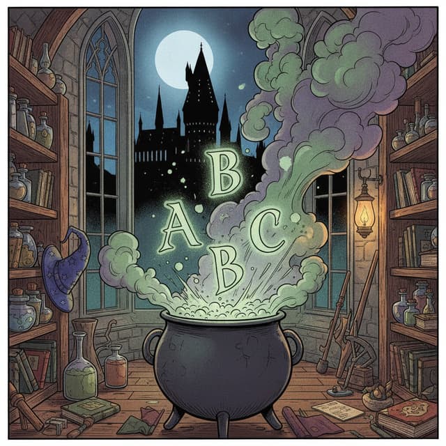 elabora un'immagine a cartone animato/fumetto ispirata al mondo di Harry Potter in cui sia rappresentato un calderone fumante da cui escono, come in esplosione, alcune lettere dell'alfabeto (A, B, C)