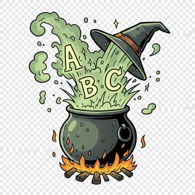 elabora un'immagine a cartone animato/fumetto ispirata al mondo di Harry Potter in cui sia rappresentato un calderone fumante da cui escono, come in esplosione, alcune lettere dell'alfabeto (A, B, C). Rimuovi lo sfondo dall'immagine