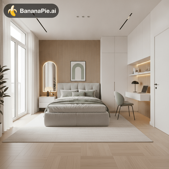 Photorealistic interior render of a modern bedroom with a study and make-up corner, 4.55 × 3.05 m, ceiling 2.5 m. Camera near the entrance in front of the wardrobes, eye level 1.6 m, looking across the room at the bed headboard wall, with the glass wall on the left and the desk on the right. Wide angle 24 mm, vertical lines straight, architectural photography.

One long wall (4.55 m) is entirely floor-to-ceiling glass with slim white frames and a glass balcony door; sheer ivory linen curtains on a recessed ceiling track, stacked at both ends. One short wall (3.05 m) is filled with built-in floor-to-ceiling wardrobes in matte white; the entrance door is in the other long wall, right next to the wardrobes.

Upholstered bed in light grey bouclé with a tufted headboard of ten square cushions and a cushioned base (Proxima Fauna style), 184 × 227 cm, headboard against the other short wall (3.05 m), opposite the wardrobes. The bed is pushed as far toward the glass wall as possible: its long side runs parallel to the glass with only a 10 cm gap for the curtains, which leaves a 66 cm passage between the bed and the shallow desk.

The whole long wall behind the desk, from the corner up to the door, is clad full height in vertical natural oak slats on black acoustic felt. Along the long wall opposite the window, from the corner to the door: a stepped wall-hung matte white desk, 3.65 m long. Next to the headboard a 230 cm shallow section, 45 cm deep, with a floating handleless drawer and a small mushroom lamp at its end used as a bedside table, then an arched backlit mirror above a small brass tray with cosmetics and a round sage green bouclé pouf for make-up. Next to the door a 135 cm deeper section, 60 cm deep, for study: black minimalist task lamp, laptop, floating white shelf with a hidden warm LED strip, molded sage green desk chair with thin black legs. Small abstract art print with a sage green arch above the bedside end, thin black frame.

Light natural oak herringbone parquet, large ivory low-pile rug, warm white walls, a few recessed ceiling spots and a slim LED line in the ceiling along the slatted wall, sage green accents in the bed throw and cushions, matte black metal details, a tall ficus in a white pot near the window. Soft natural daylight, clean modern Scandinavian style, calm, uncluttered, high detail.