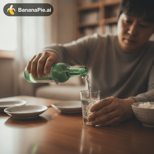 Photorealistic candid photograph of [exactly one adult alone] in a natural, everyday [indoor setting]. The person or people are [behavior:pouring it]. The clearly visible focal beverage is [soju], served in [appropriate glass]. [If the beverage is only present: It rests naturally on the table and is not being touched.] [If it is being poured: Show the beverage flowing naturally from the container into the glass.] [If someone is drinking: Show a natural hand-to-mouth drinking action.]
The scene feels unstaged and socially natural, with relaxed expressions and ordinary clothing. Show realistic hands and natural interactions between people and objects. Use natural ambient lighting, realistic colors and textures, and a documentary-style smartphone photograph perspective. Frame the scene [waist-up], with the beverage clearly visible and recognizable. Keep the composition realistic and avoid exaggerated reactions or dramatic emphasis on the drink. No visible brand names, logos, or readable labels, or face of the people.