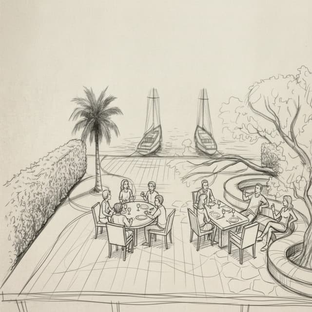 en gardant le style brouillon noir et blanc de l'image de référence. je veux 6 personnages. 3 assis sur des chaises épurés autour d'une table ovale assez proche de la banquette où sont assis 3 autres personnages.