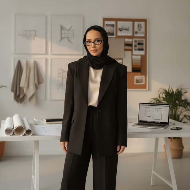A professional lifestyle portrait of an interior designer, beautiful woman in a minimalist design studio, wearing a tailored elegant black pantsuit, looking confident. Soft warm studio lighting. In the background: architectural sketches, a mood board with fabrics. Magazine editorial style, photorealistic, shot on 85mm lens --cref костюм с широкими плечами как с мужского плеча
