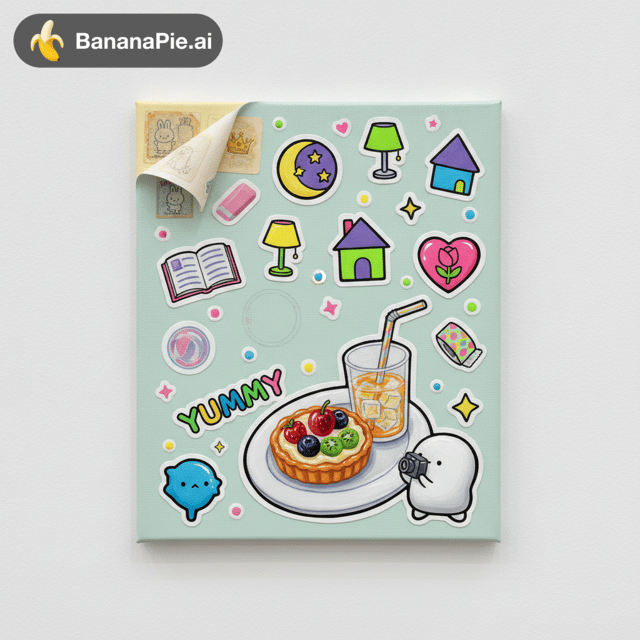 A photograph of a finished acrylic mixed-media painting on a vertical stretched canvas (about 50 x 73 cm), displayed on a white gallery wall. The painting depicts a single page of a personal sticker book, viewed straight on.
Background: a clean, very pale mint-gray sticker book page with a subtle glossy release-paper sheen.
Stickers: about 20-25 cute die-cut stickers scattered freely (not in a grid), all brand-new, crisp and vivid, in a consistent hand-drawn kawaii / 90s retro / Y2K sticker style. Every sticker has the same thick black outline, the same thick white die-cut border, and the same small white highlight. Limited neon palette repeated across all stickers: fluorescent pink, lime green, neon yellow, electric blue, purple.
Motifs: an open book, a small table lamp, a little house with a chimney, a crescent moon with stars in a circle, a puffy heart with a tulip inside, a roll of washi tape, a "YUMMY" text sticker with a zigzag border, plus tiny stars, hearts, sparkles and dots filling the gaps.
Focal sticker: the largest sticker, about one third of the canvas width, placed in the lower right-center and slightly tilted. It is a thick puffy (cushion) sticker with real dimensional volume, shading and glossy highlights, showing a fruit tart on a plate and a clear iced drink with a straw, next to a small cute round original character holding a camera and taking a photo of the dessert. One continuous white border wraps the whole group. The "YUMMY" sticker overlaps its top corner.
Key feature: the top-left corner of the actual canvas fabric is physically peeled off the frame and curled forward like a sticker being lifted, casting a real soft shadow. Under the curl, older sticker book pages are revealed, stacked in layers, faded, yellowed and dull, with worn, cracked, sun-bleached old stickers in a more childish style (a bunny character, marbles, an eraser, a little crown). Strong contrast between the vivid neon present page and the faded past pages.
Small details: one empty spot where a sticker was peeled off, leaving a faint sticky residue mark and the outline of the cut line. One sticker reattached slightly crooked, with one edge lifting.
Style: hand-painted acrylic with visible but controlled brushwork, flat crisp edges on the stickers, glossy varnish only on the stickers, textured raised white borders made with modeling paste. Soft single light source from the upper left. Clean, uncluttered composition with breathing room. High detail, realistic photo of an artwork.
real brand logos, existing cartoon characters, human face, messy cluttered composition, grid layout, pastel colors, blurry, text watermark, extra frames