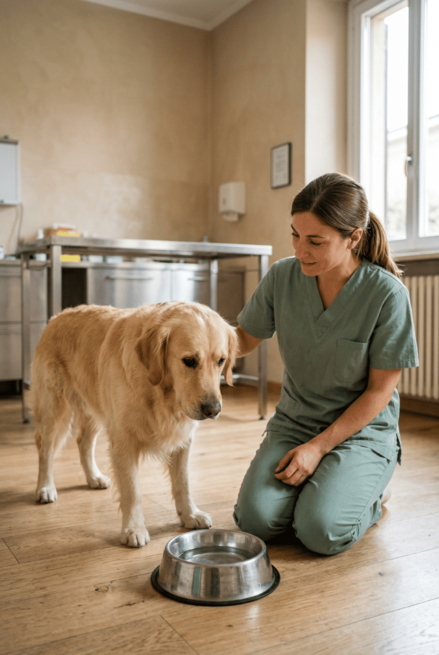 Create an ultra-photorealistic vertical 9:16 commercial photograph for a premium Italian pet care brand.

SCENE:
A beautiful, modern but realistic veterinary clinic in Italy.

Warm beige walls, light natural oak flooring, a large window with soft natural daylight, and a clean veterinary examination table subtly visible in the background.

The environment must look like a real working veterinary clinic, not a luxury showroom or an artificial CGI environment.

MAIN SUBJECT:
A beautiful adult Golden Retriever dog, approximately 3 years old, with a natural light golden coat, realistic fur texture, expressive dark brown eyes, and anatomically correct proportions.

The dog is standing calmly on the floor, looking down at a traditional stainless steel water bowl placed directly in front of him.

The bowl contains still water.

The dog appears curious but slightly hesitant to drink, without looking sick, distressed, or exaggeratedly sad.

VETERINARIAN:
A friendly fictional female veterinarian, approximately 32 years old, with natural Italian facial features, medium brown hair tied in a low ponytail, wearing simple sage-green veterinary scrubs.

She is kneeling naturally beside the Golden Retriever, gently resting one hand on his shoulder.

She has a calm, caring expression and is looking at the dog.

COMPOSITION:
Vertical 9:16 portrait framing.

Camera positioned low at the dog's eye level, approximately 50 cm above the floor.

Medium-wide shot showing the entire dog's head, body and paws, the veterinarian from head to knees, and the complete stainless steel water bowl.

The water bowl must be clearly visible in the lower foreground.

The veterinarian and dog must be the main focus.

Leave some clean negative space in the upper part of the image for advertising text.

LIGHTING:
Beautiful soft natural daylight entering through the clinic window.

Realistic shadows, subtle reflections on the stainless steel bowl, warm neutral color grading.

PHOTOGRAPHY:
Extremely realistic professional commercial photography.

Shot on a full-frame camera with a 35mm lens.

Natural depth of field, realistic skin texture, authentic dog fur, natural body proportions.

The image must look like a real photograph taken inside a veterinary clinic.

ABSOLUTELY NO:
No pet water fountain.
No electric water dispenser.
No logos.
No text.
No watermarks.
No cartoon appearance.
No CGI.
No plastic-looking skin.
No distorted hands.
No extra fingers.
No extra limbs.
No duplicated animals.
No unrealistic dog anatomy.
No exaggerated facial expressions.

The final result must be indistinguishable from a real professional photograph.