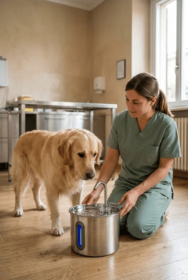 Create an ultra-photorealistic vertical 9:16 commercial photograph.

Use the two uploaded reference images.

REFERENCE IMAGE 1:
The veterinary clinic with the female veterinarian and Golden Retriever.

REFERENCE IMAGE 2:
The exact VitaFlow stainless steel pet water fountain.

SCENE CONTINUITY:
Preserve the EXACT SAME veterinary clinic, room architecture,
wooden floor, window, lighting and background.

Preserve the EXACT SAME Golden Retriever:
identical face, fur color, size, proportions and appearance.

Preserve the EXACT SAME female veterinarian:
identical face, hairstyle, sage-green scrubs and appearance.

ACTION AND COMPOSITION:
The veterinarian is kneeling beside the Golden Retriever.

She is carefully placing the exact VitaFlow stainless steel
water fountain on the wooden floor in front of the dog.

Her hands are naturally positioned on the sides of the fountain.

The fountain is upright and resting on the floor.

The Golden Retriever is watching the fountain with natural curiosity.

The veterinarian has a calm, gentle expression.

PRODUCT ACCURACY — EXTREMELY IMPORTANT:
Reproduce the exact VitaFlow fountain from reference image 2.

Maintain its cylindrical stainless steel body,
curved metal water spout,
upper water tray,
vertical front water-level window,
exact proportions and realistic materials.

Do not redesign the fountain.

Do not invent buttons, handles, filters or accessories.

The fountain must be realistically sized in relation to the dog.

The fountain must not appear oversized.

IMPORTANT:
The original traditional water bowl has been removed
from the scene.

The VitaFlow fountain is positioned in approximately
the same place as the original bowl.

The fountain is NOT floating.

The veterinarian is NOT holding it in the air.

The dog is NOT drinking yet.

CAMERA:
Vertical 9:16.
Low-angle cinematic commercial photography.
Medium-wide shot.
Keep the entire fountain visible.
Keep the dog's head and the veterinarian clearly visible.

LIGHTING:
Soft natural daylight from the original window.
Realistic reflections on stainless steel.
Natural shadows.
Warm neutral color grading.

STYLE:
Extremely realistic professional commercial photography.
Authentic veterinary clinic.
Natural human anatomy.
Realistic dog anatomy.
No artificial CGI appearance.

NO:
No text.
No logos.
No subtitles.
No watermark.
No extra animals.
No distorted hands.
No extra fingers.
No altered product design.
No duplicated objects.