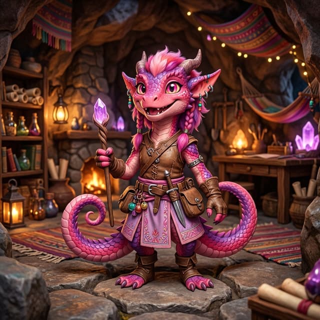 A short cute kobold female with pink, fuschia and lilac colouring