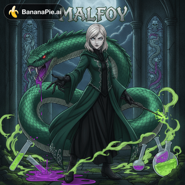 Female version of Draco Malfoy, villiant pose, anime art, snake and poison scene, write name: Malfoy